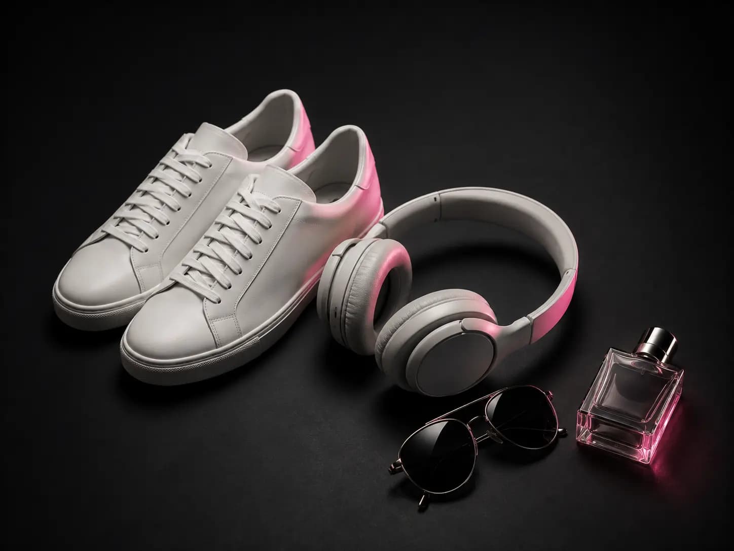 Stillleben aus Markenprodukten — Kopfhörer, Sneaker, Sonnenbrille — auf farbigem Hintergrund