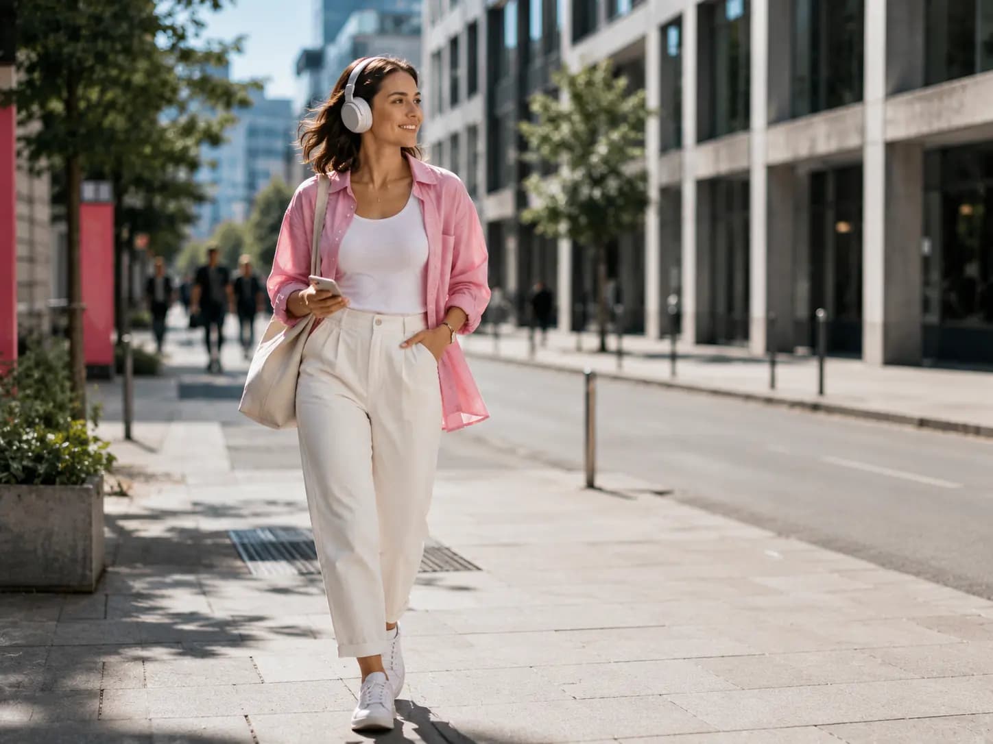 Publisherin trägt Sneaker und Kopfhörer aus dem Member-Shop im Alltag