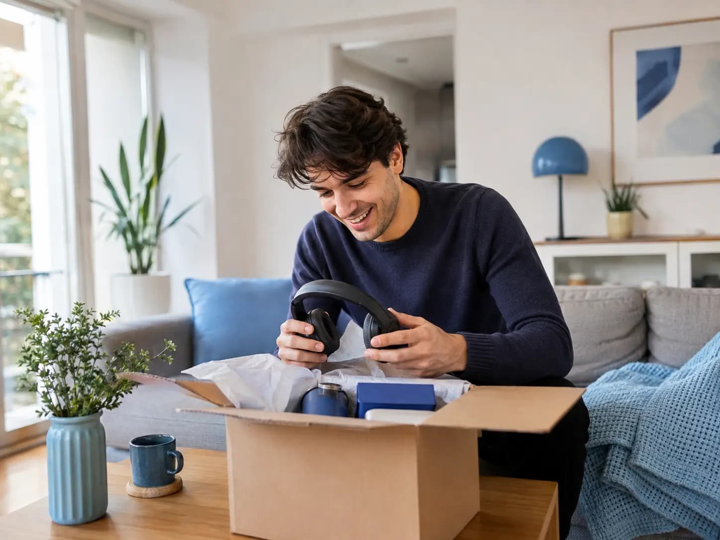 Publisher packt zuhause ein Paket mit Markenprodukten aus dem Member-Shop aus